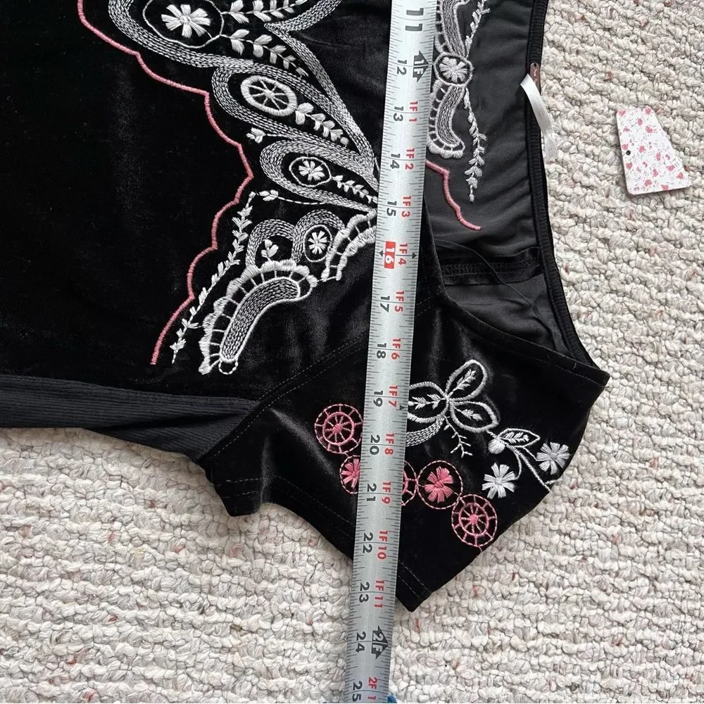 Free People Party Train Top Black Velvet Embroidered Floral Stretch